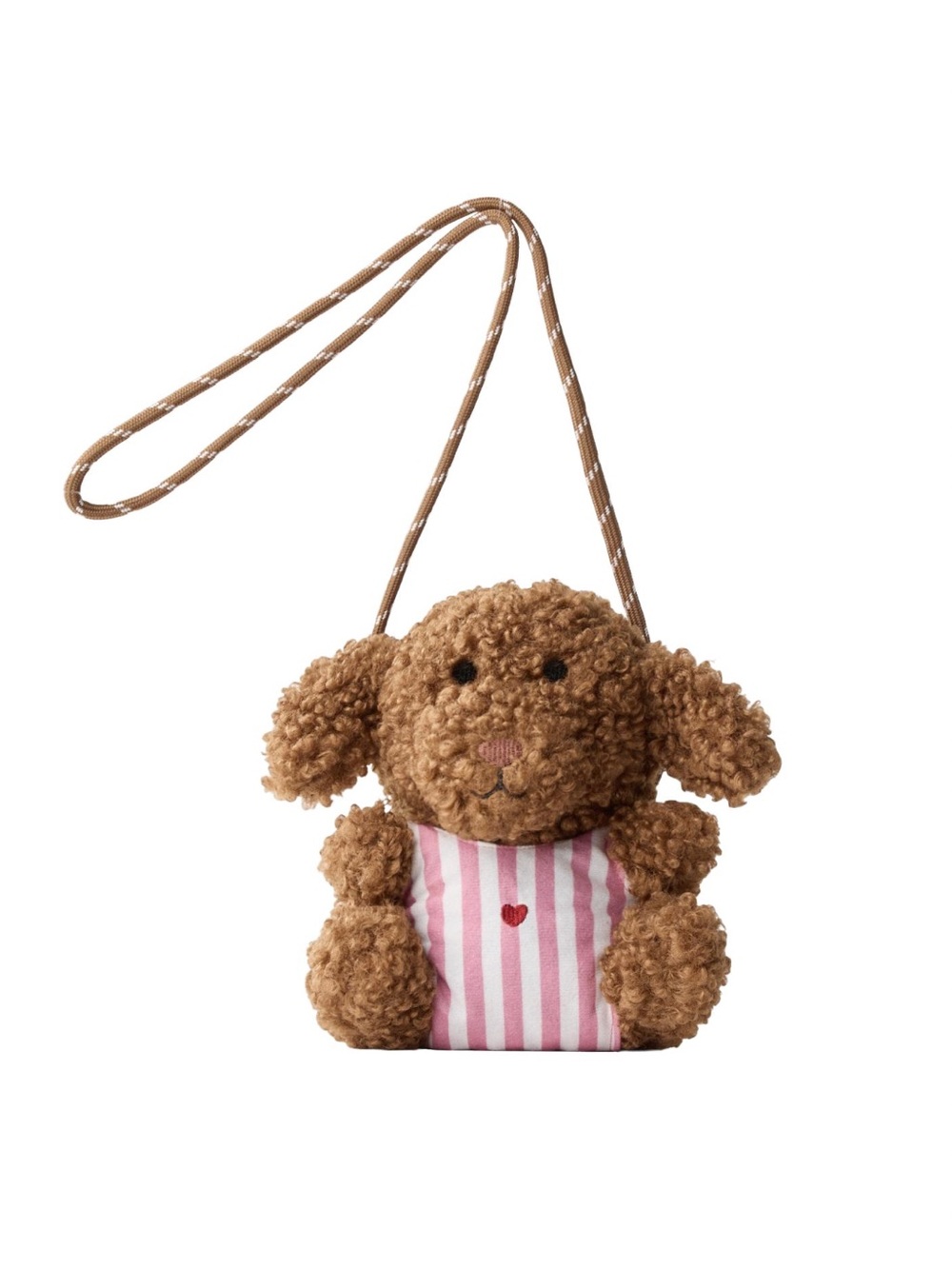 Zara Brown Plush Puppy Crossbody Bag with Pink Stripe Pocket